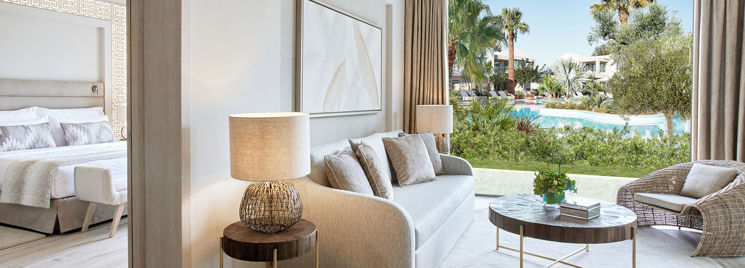 Reception area in two bedroom suite with view of private garden