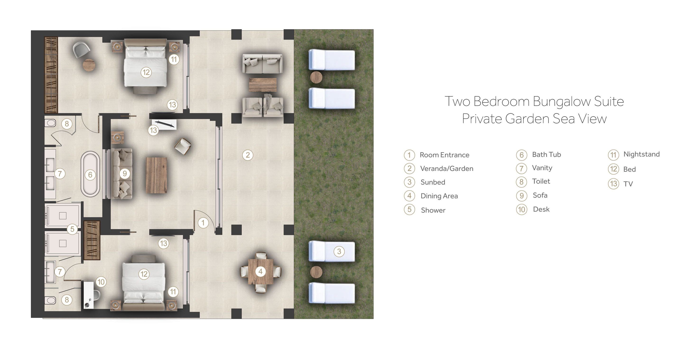 Floor plan of two bedroom bungalow with private garden at Sani Club