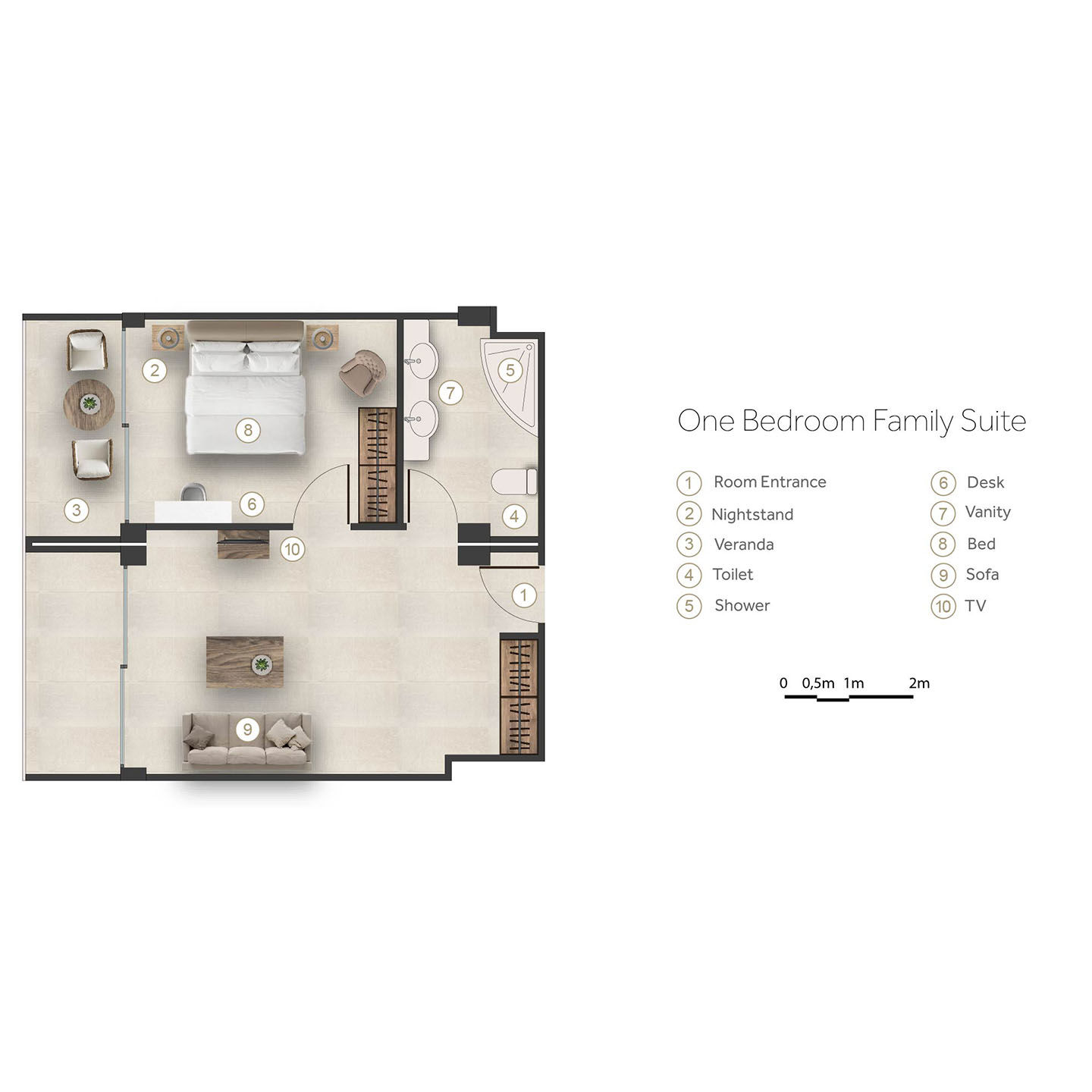 Floor plan for one bedroom family suite at Sani Beach