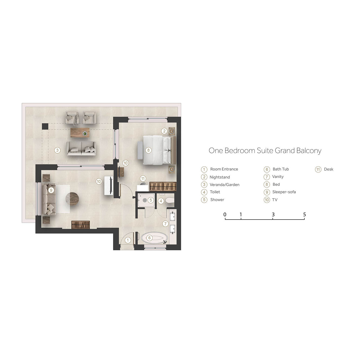 Floor plan for one bedroom suite with grand balcony at Sani Porto