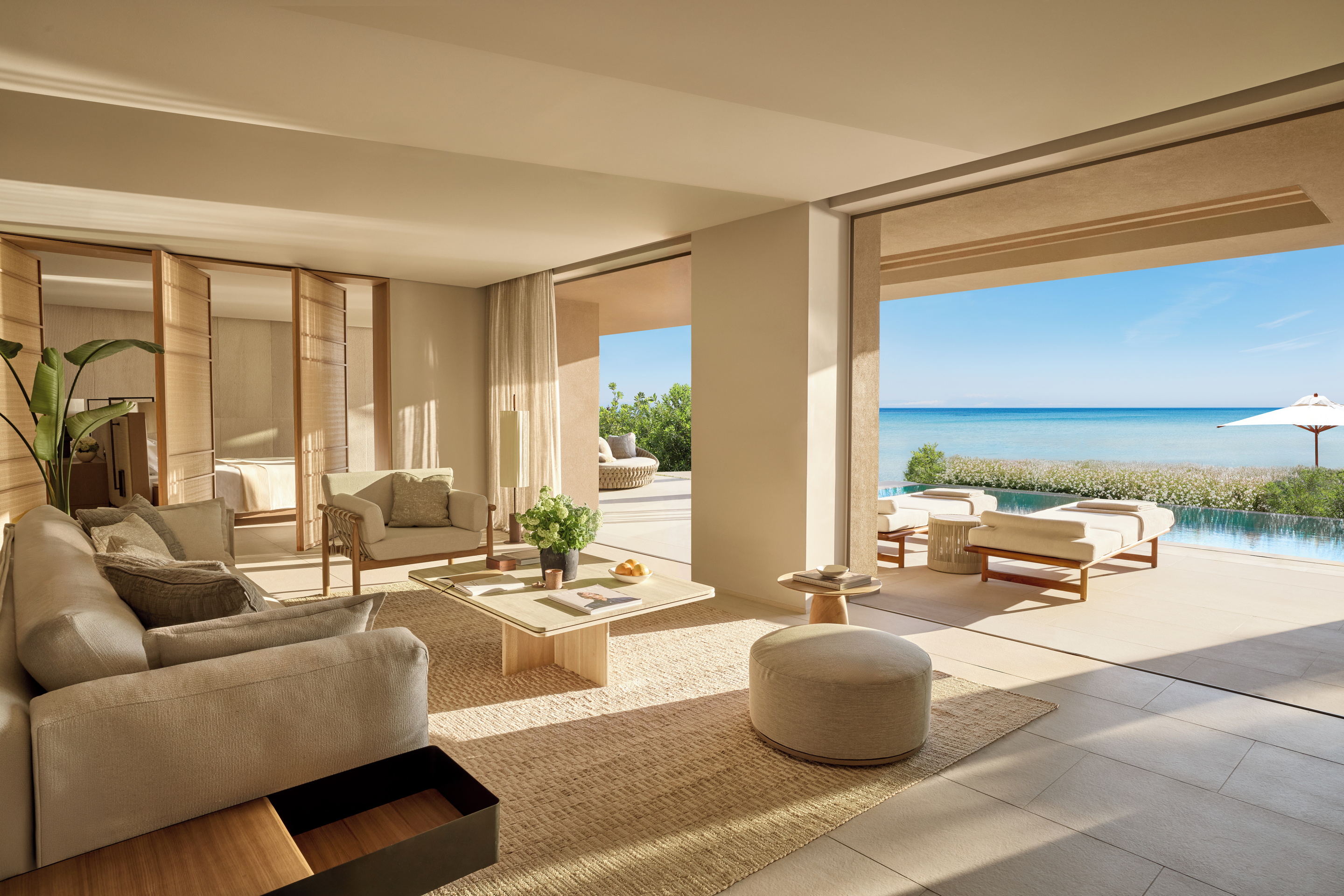 Inside a bedroom Suite with Private Pool in Sani Asterias