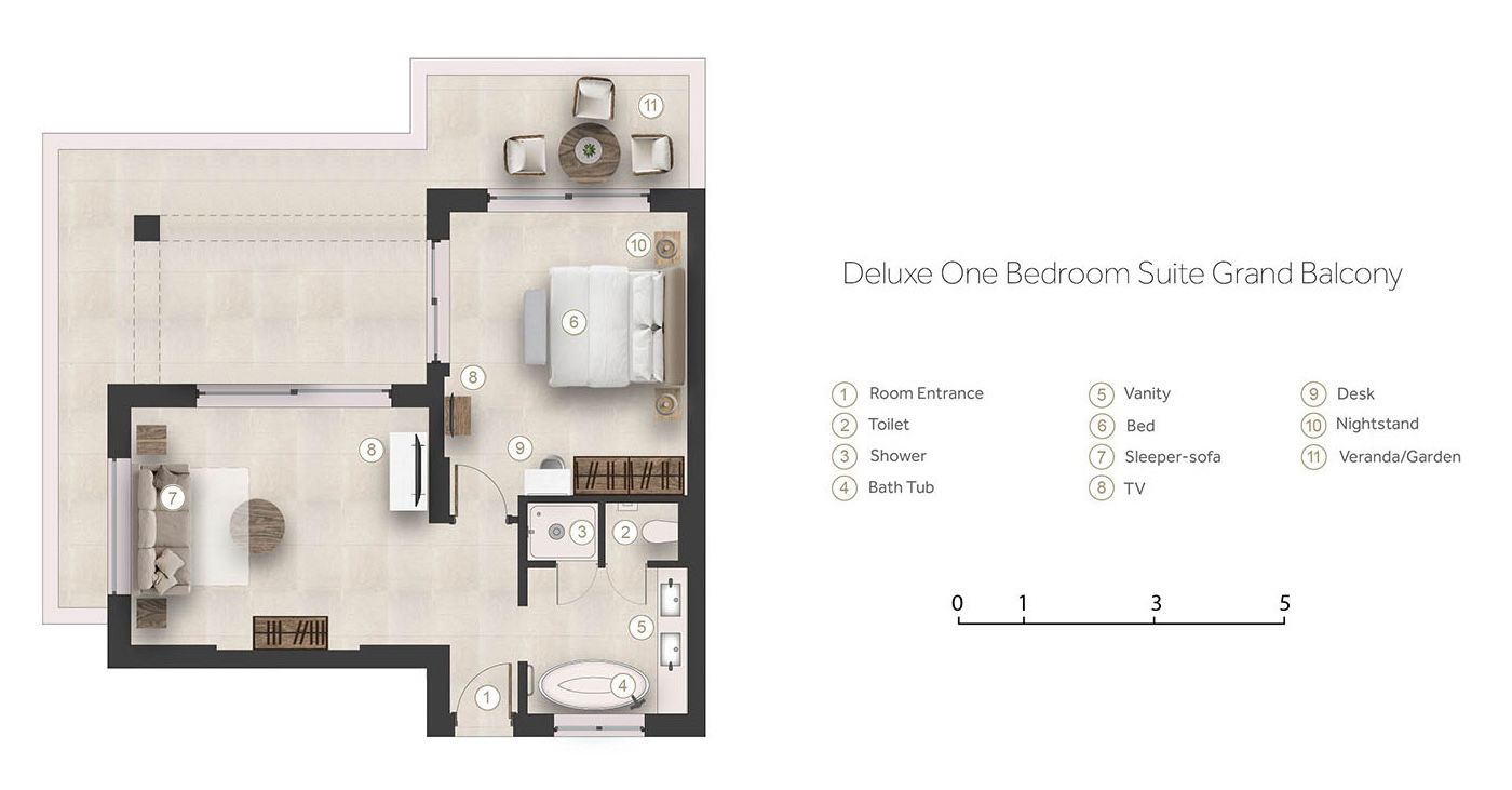 Floor plan for deluxe one bedroom suite grand balcony at Porto Sani 