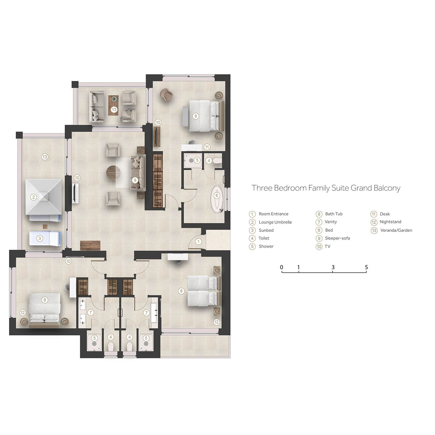 Floor plan for three bedroom family suite with grand balcony at Porto Sani