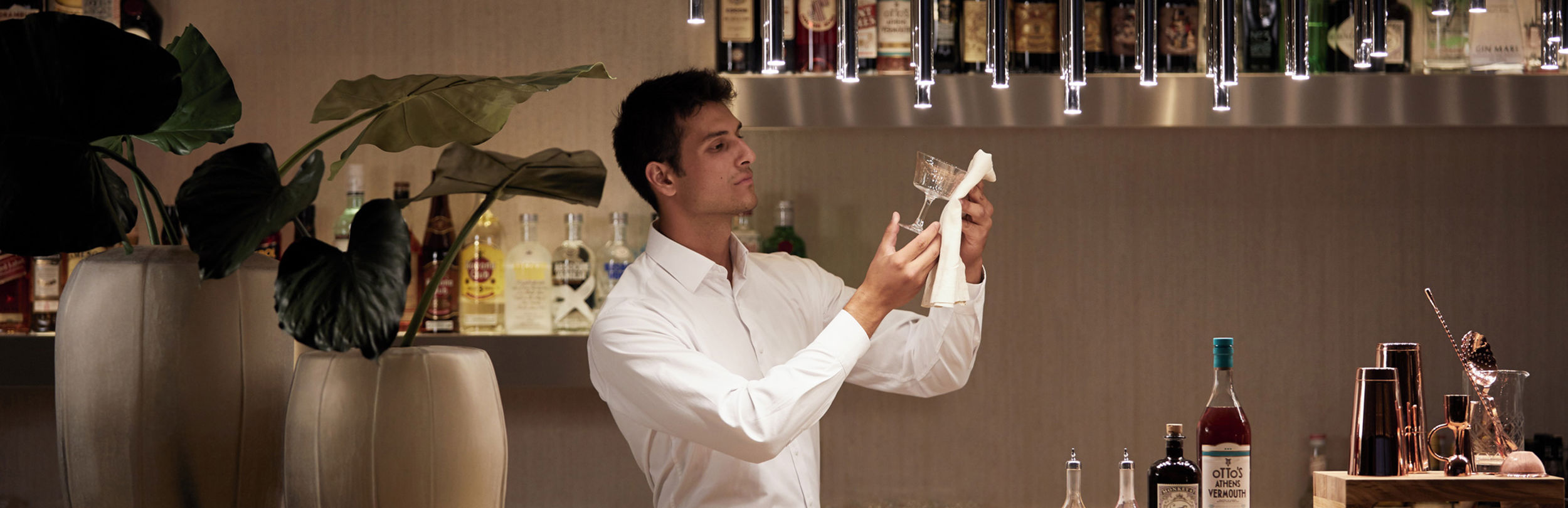 Barman en train de nettoyer des verres au Fresco Wine Bar