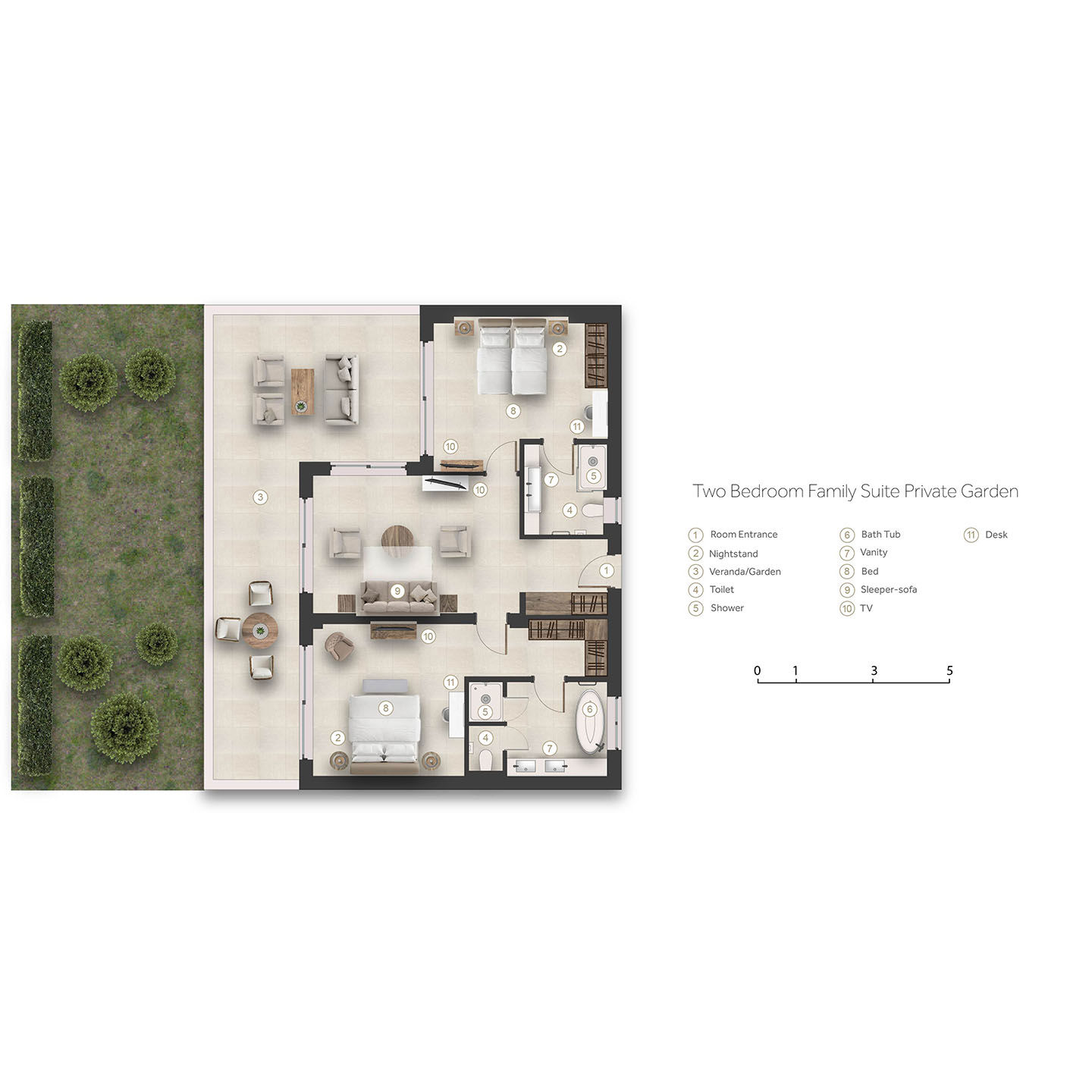 Floor plan for two bedroom family suite with private garden at Porto Sani