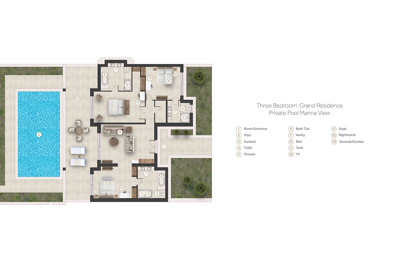 Floor plan for Three Bedroom Grand Residence Private Pool Marina View