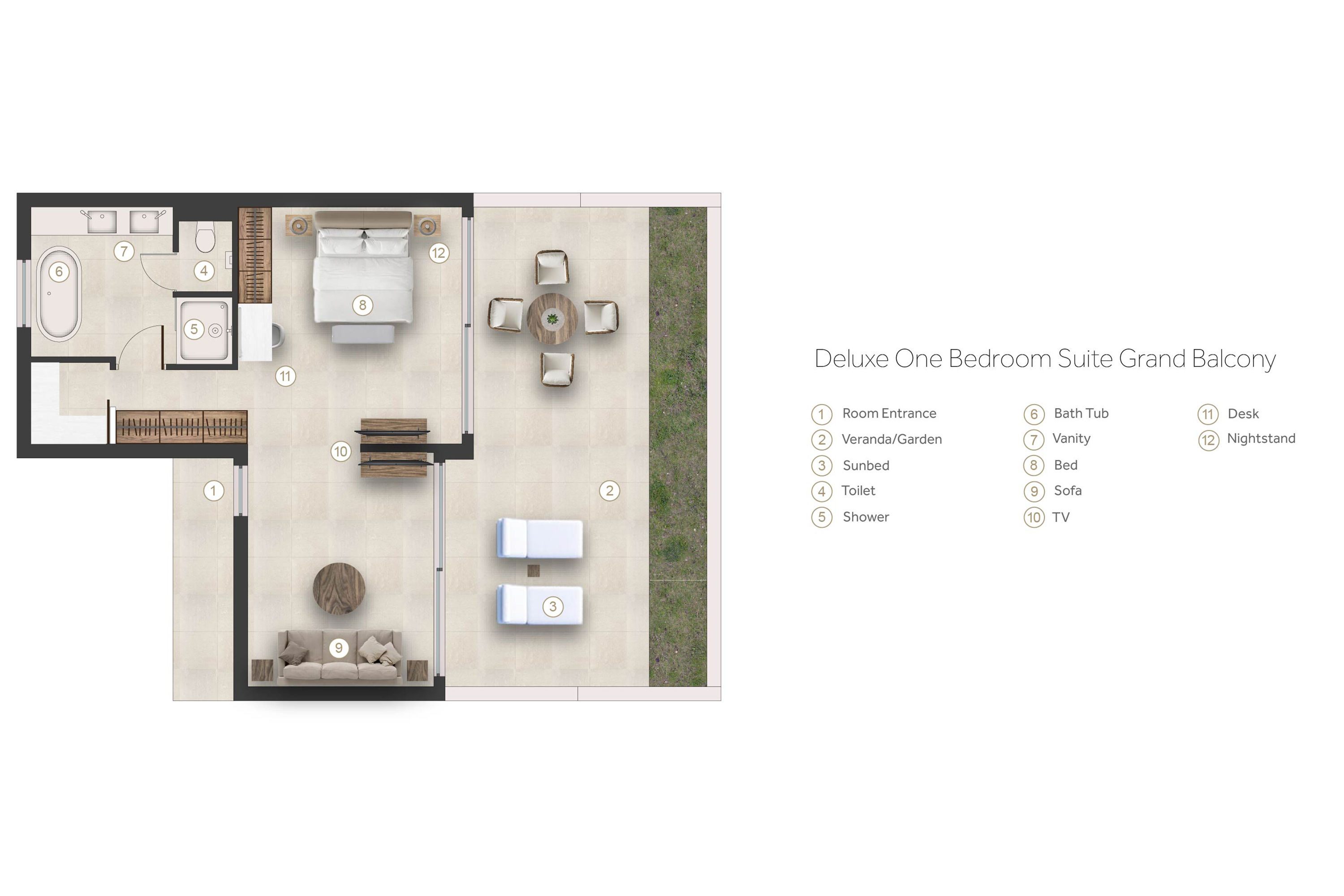 Floor plan for deluxe one bedroom at Sani Dunes