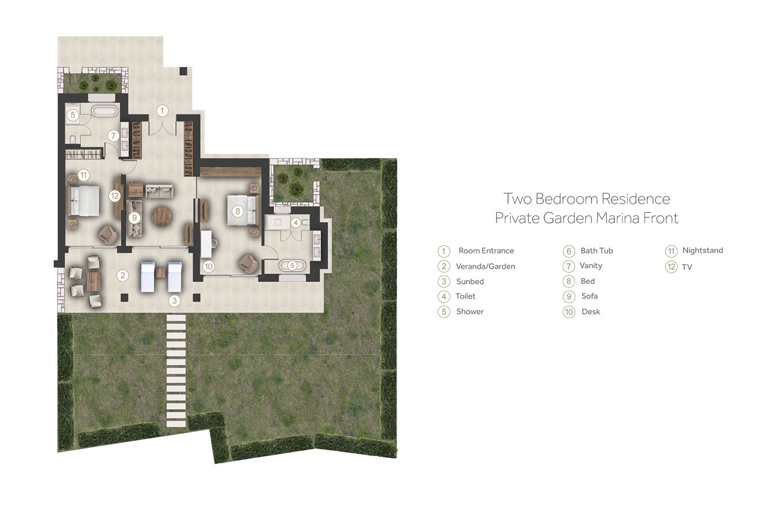 Floor plan for Two Bedroom Residence Private Garden Marina Front