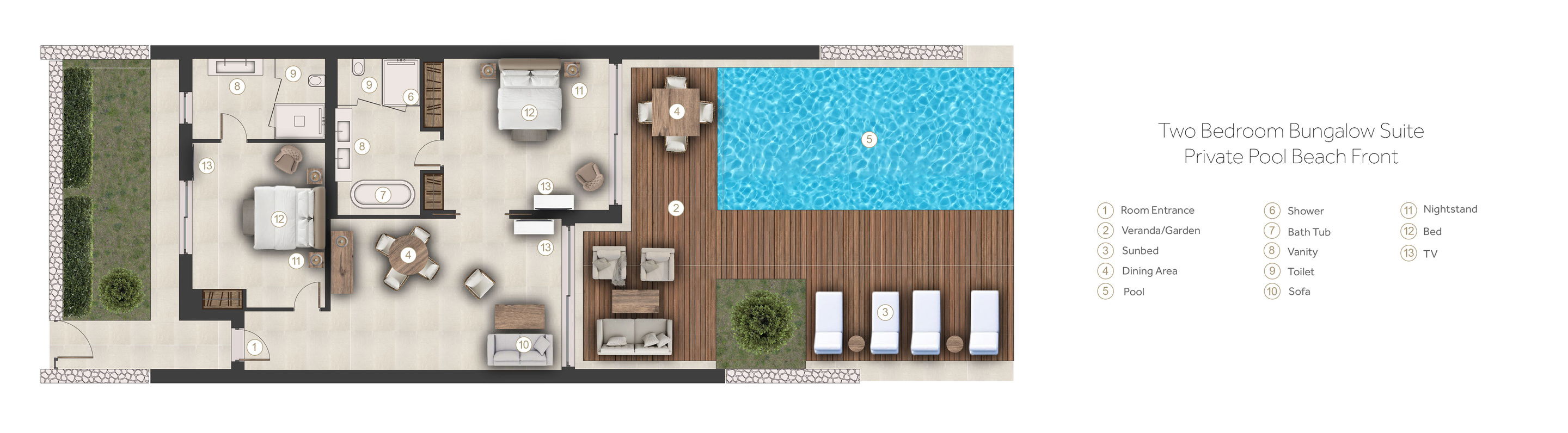 Floor plan for two bedroom bungalow with private pool at Sani Club