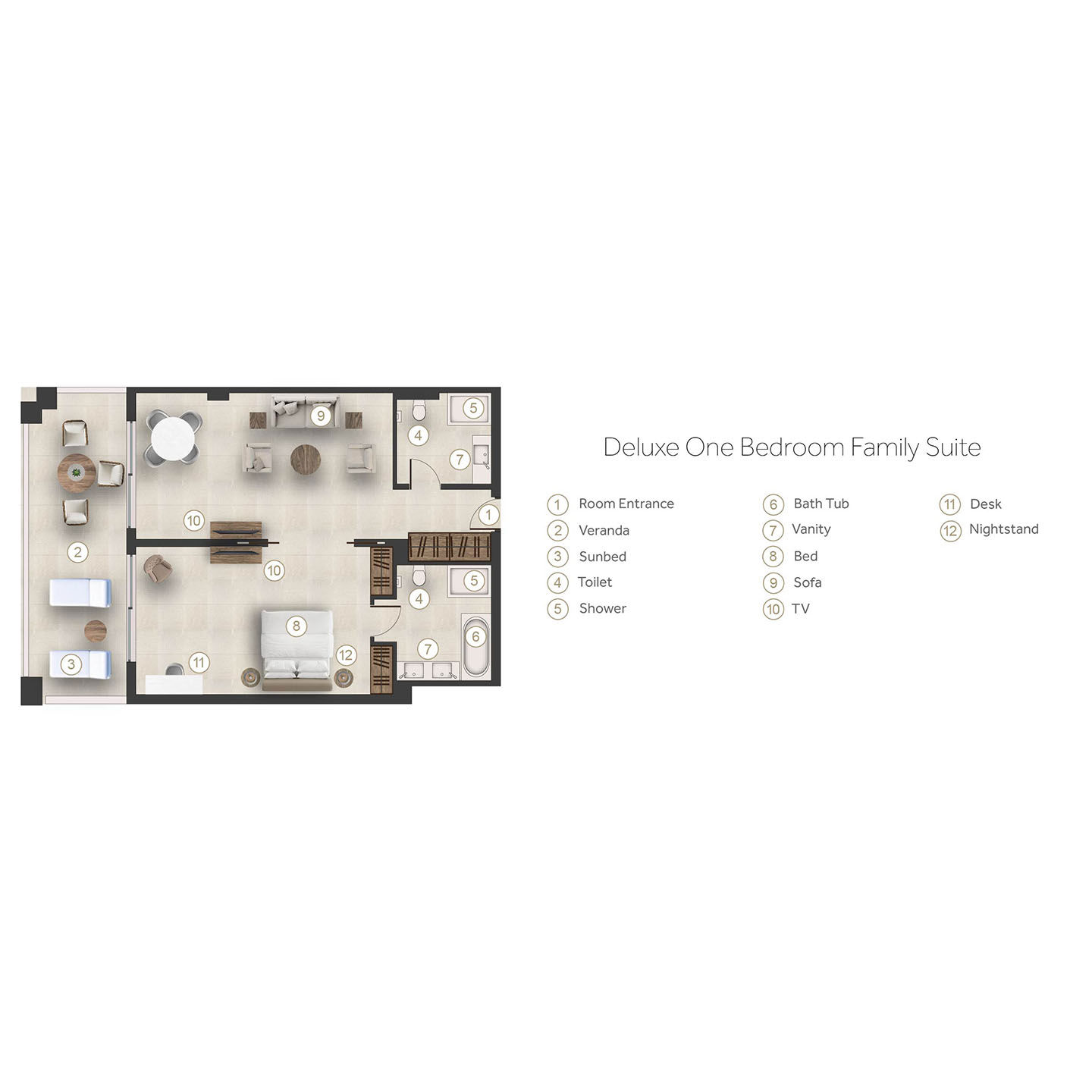 Floor plan for deluxe one bedroom family suite at Sani Beach