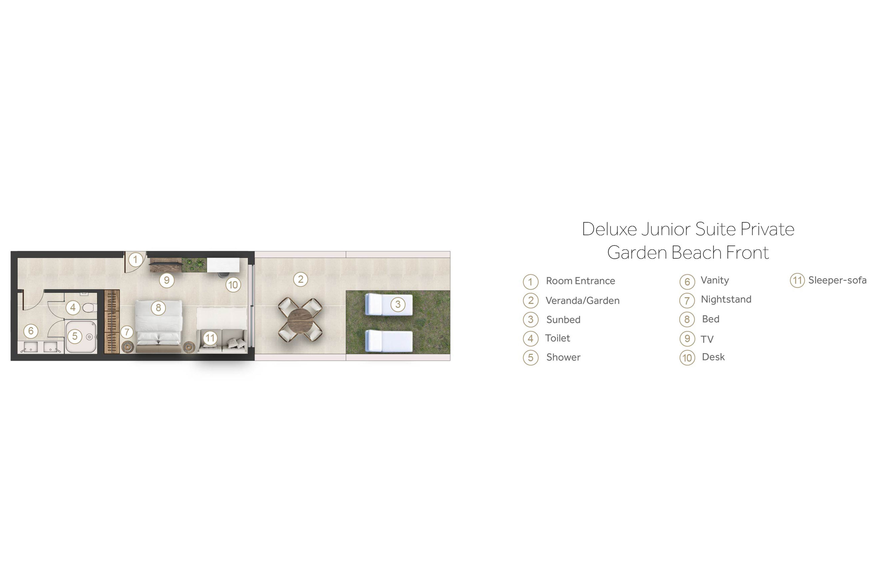Floor plan for junior suite private garden beachfront at Sani Dunes
