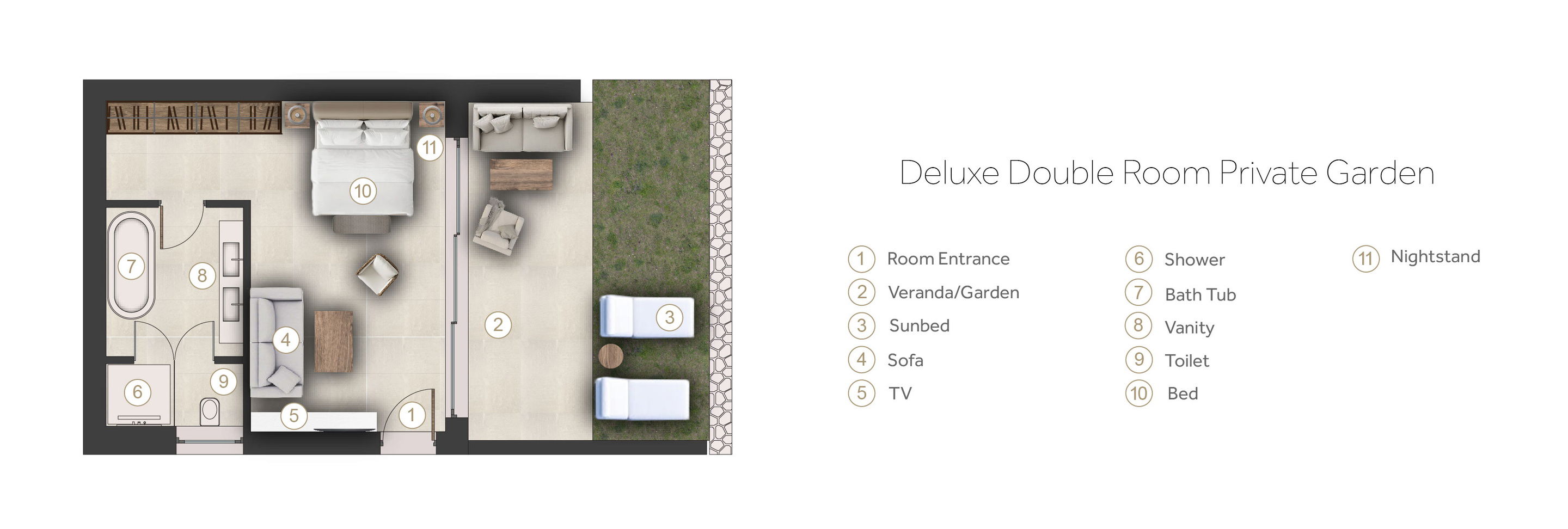 Floor plan for deluxe double bedroom at Sani Club
