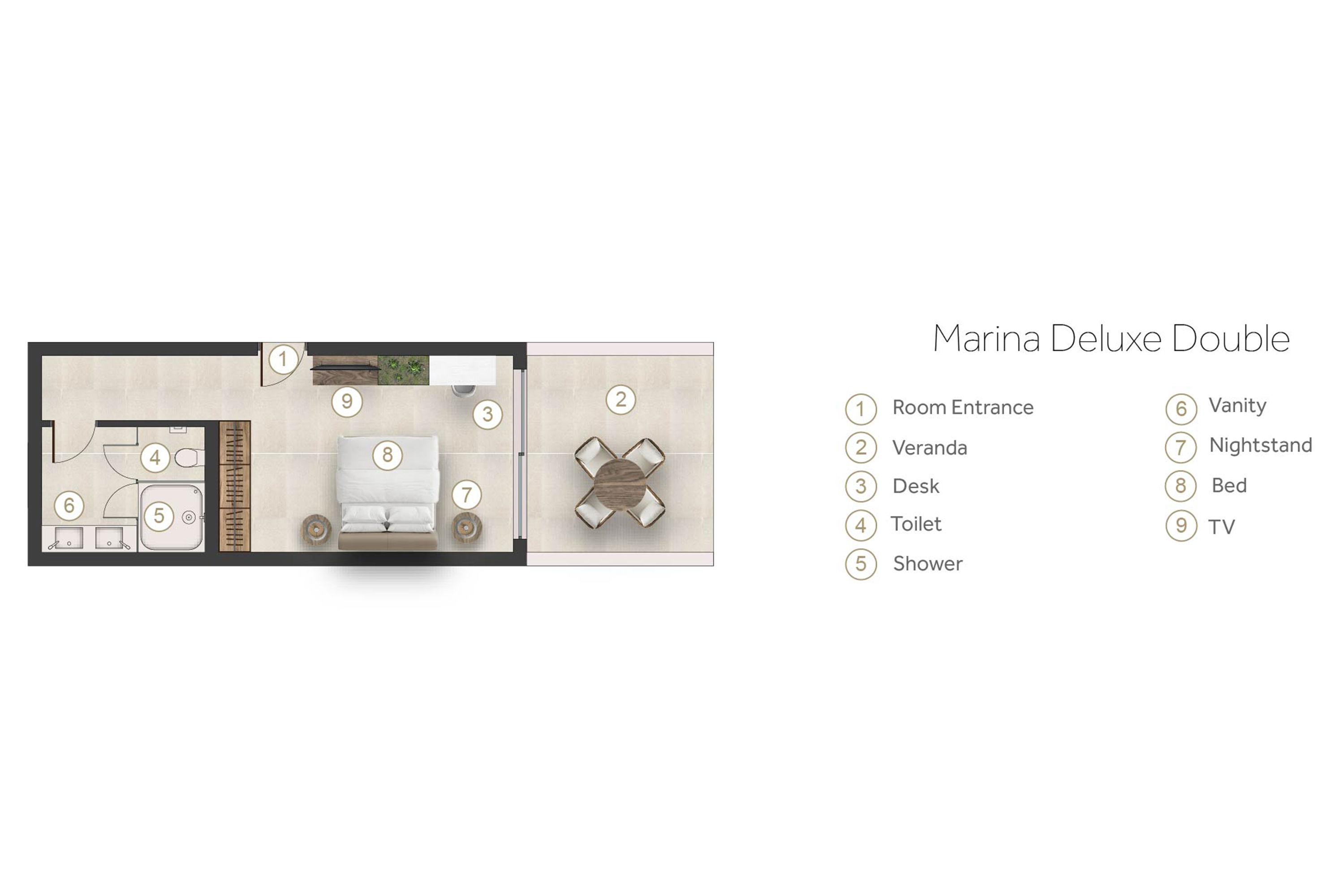 Floor plan for marina deluxe double room at Sani Dunes
