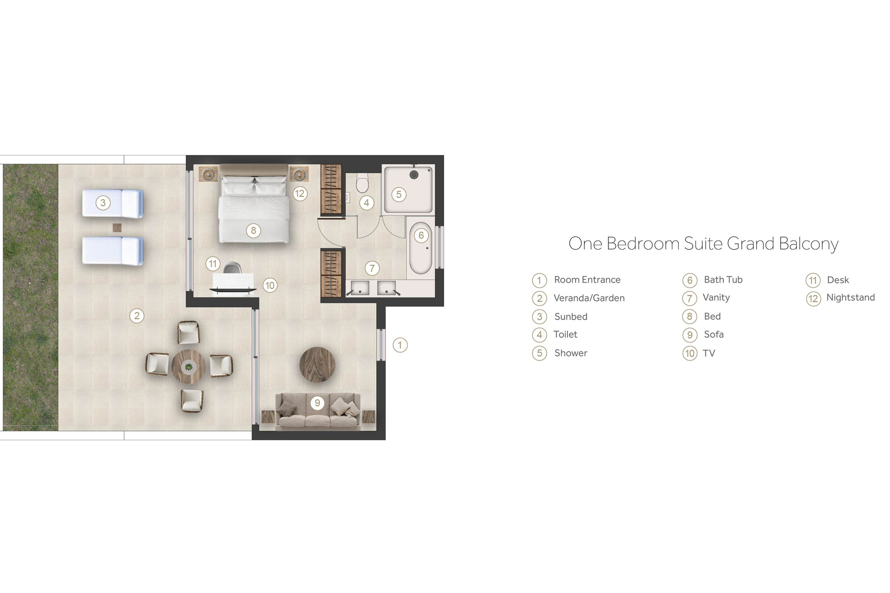 Floor plan for one bedroom suite grand balcony at Sani Dunes