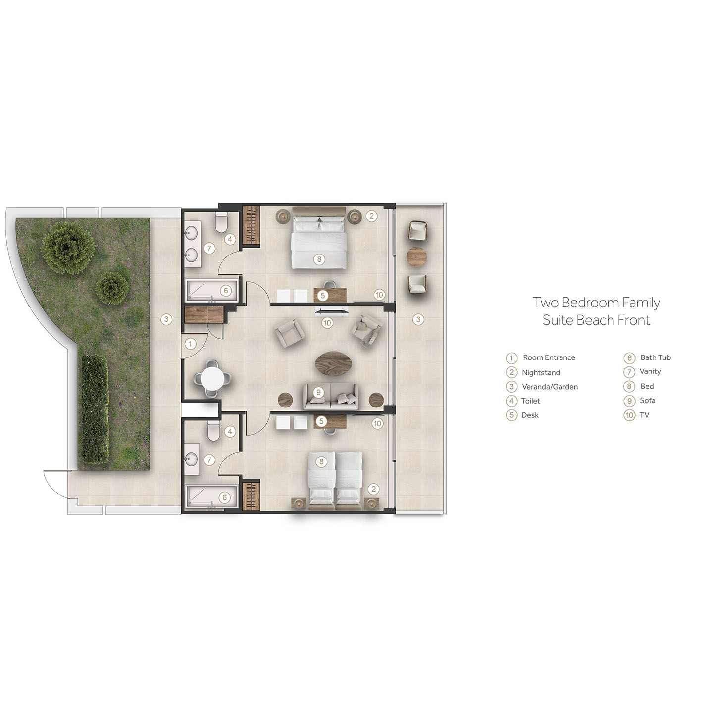 Floor plan for two bedroom family suite at Sani Beach