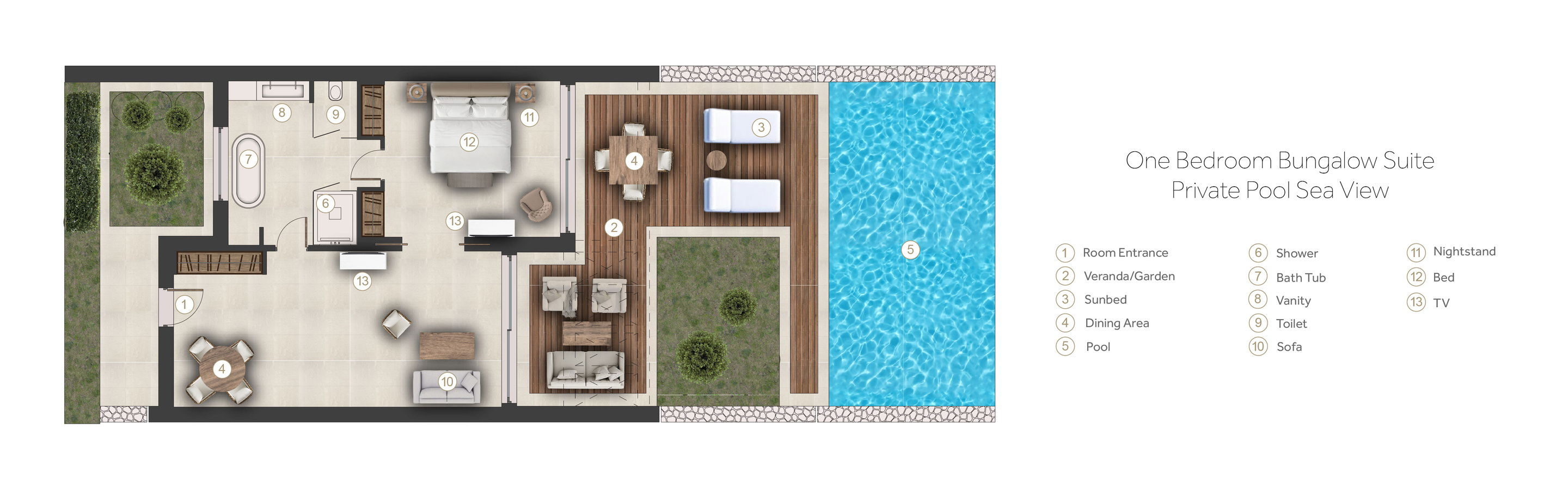 Floor plan for one bedroom bungalow with pool view at Sani Club