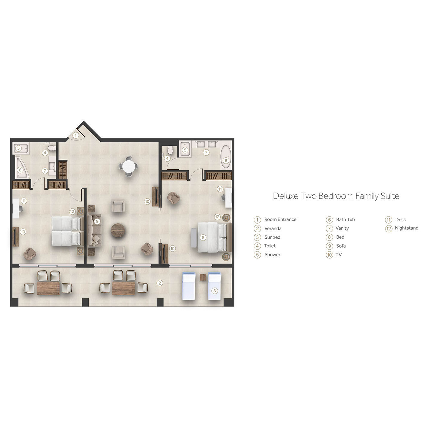 Floor plan for two bedroom family suite at Sani Beach