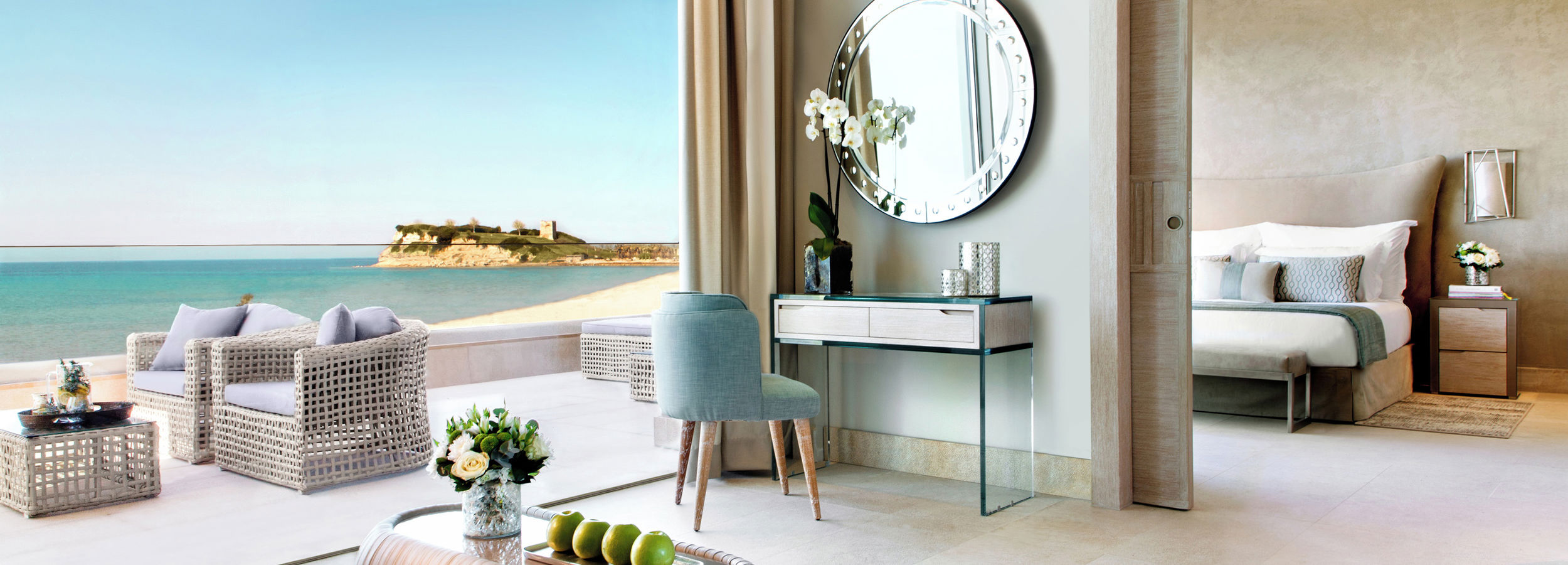 Reception area in deluxe one bedroom suite with view of grand balcony