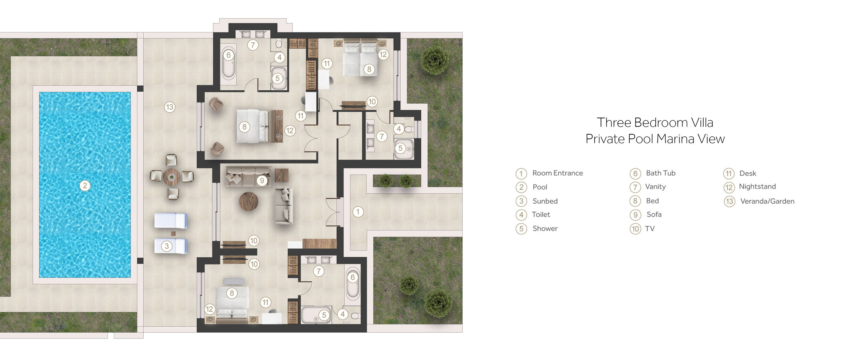 Floor plan for Three Bedroom Villa Private Pool Marina View
