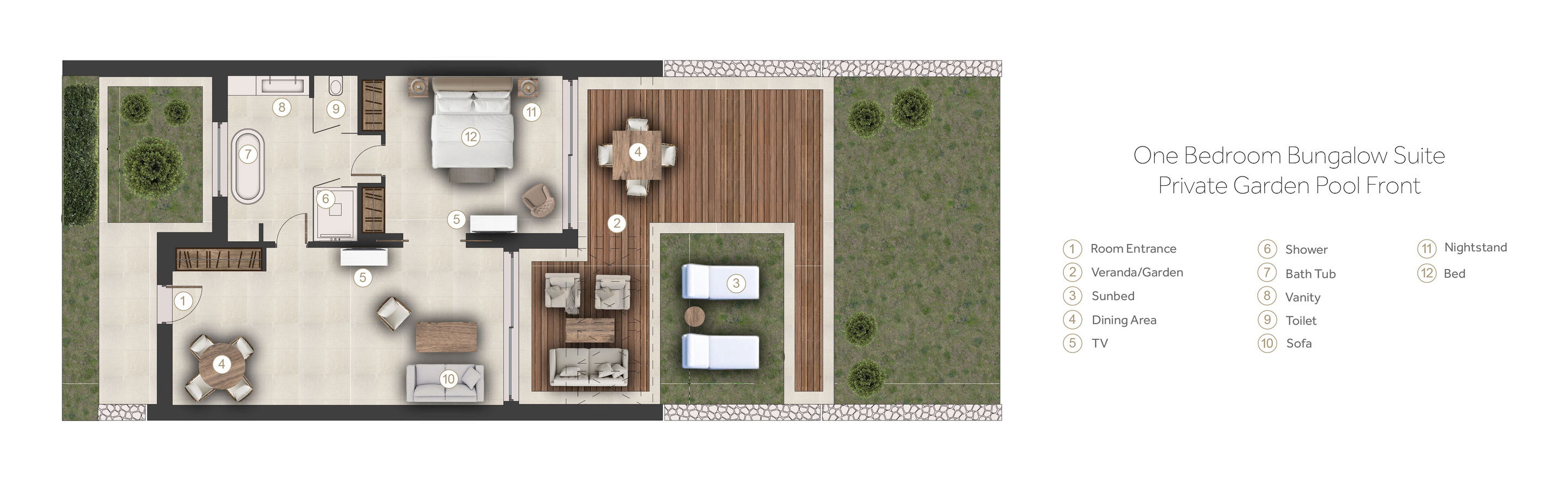 Floor plan for one bedroom bungalow with private garden at Sani Club