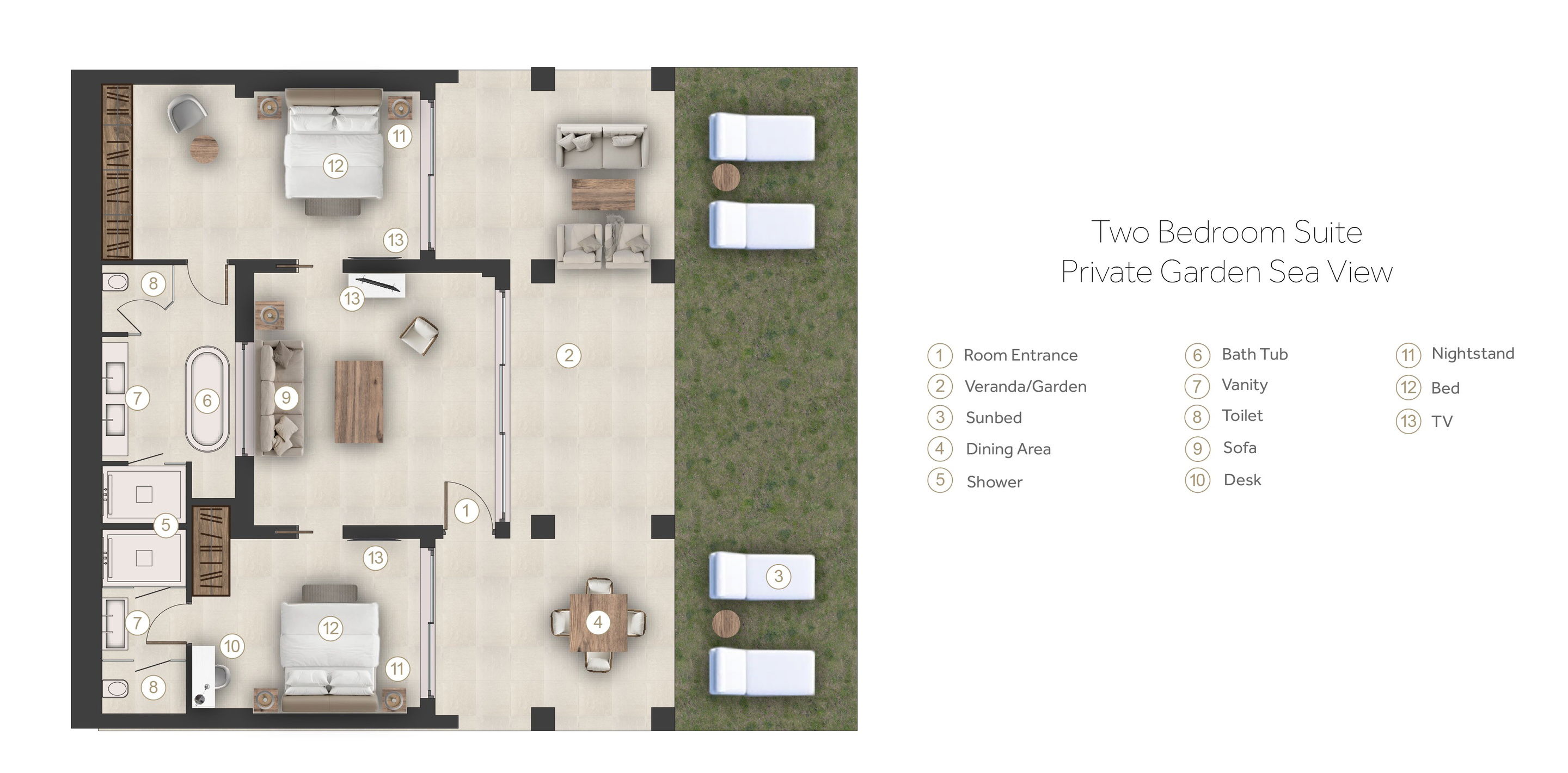 Floor plan for Two Bedroom Suite with Private Garden Sea View at Sani Club