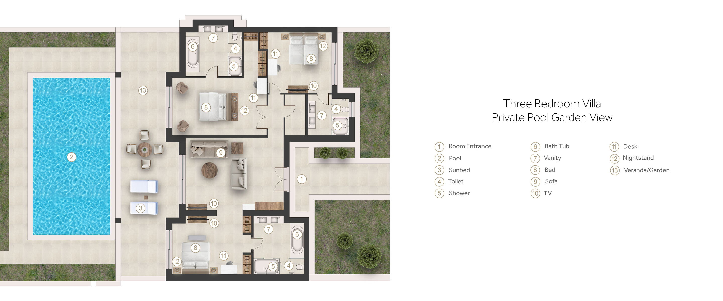 Floor plan for Three Bedroom Villa Private Pool Garden View