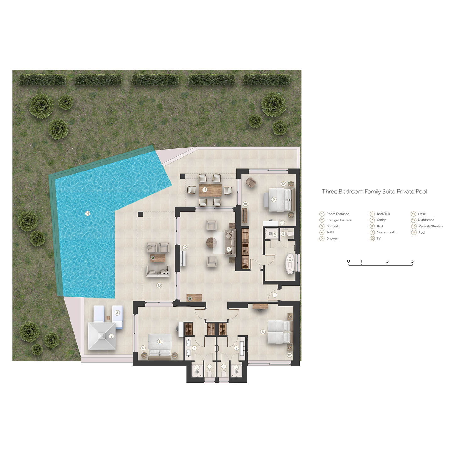 Floor plan for three bedroom family suite with private pool