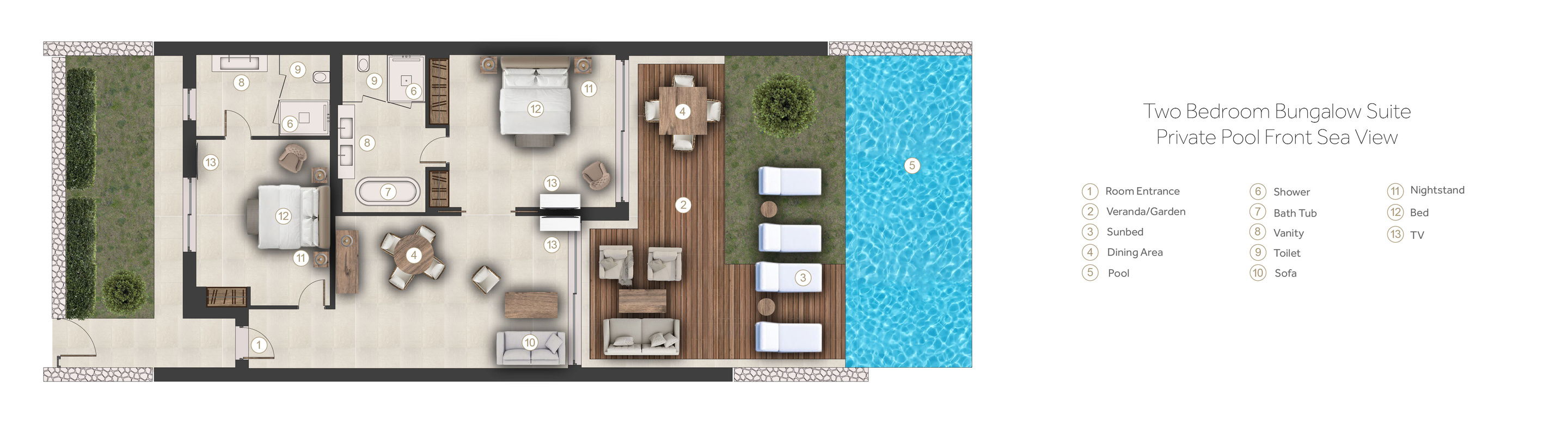 Floor plan for two bedroom bungalow with private pool at Sani Club