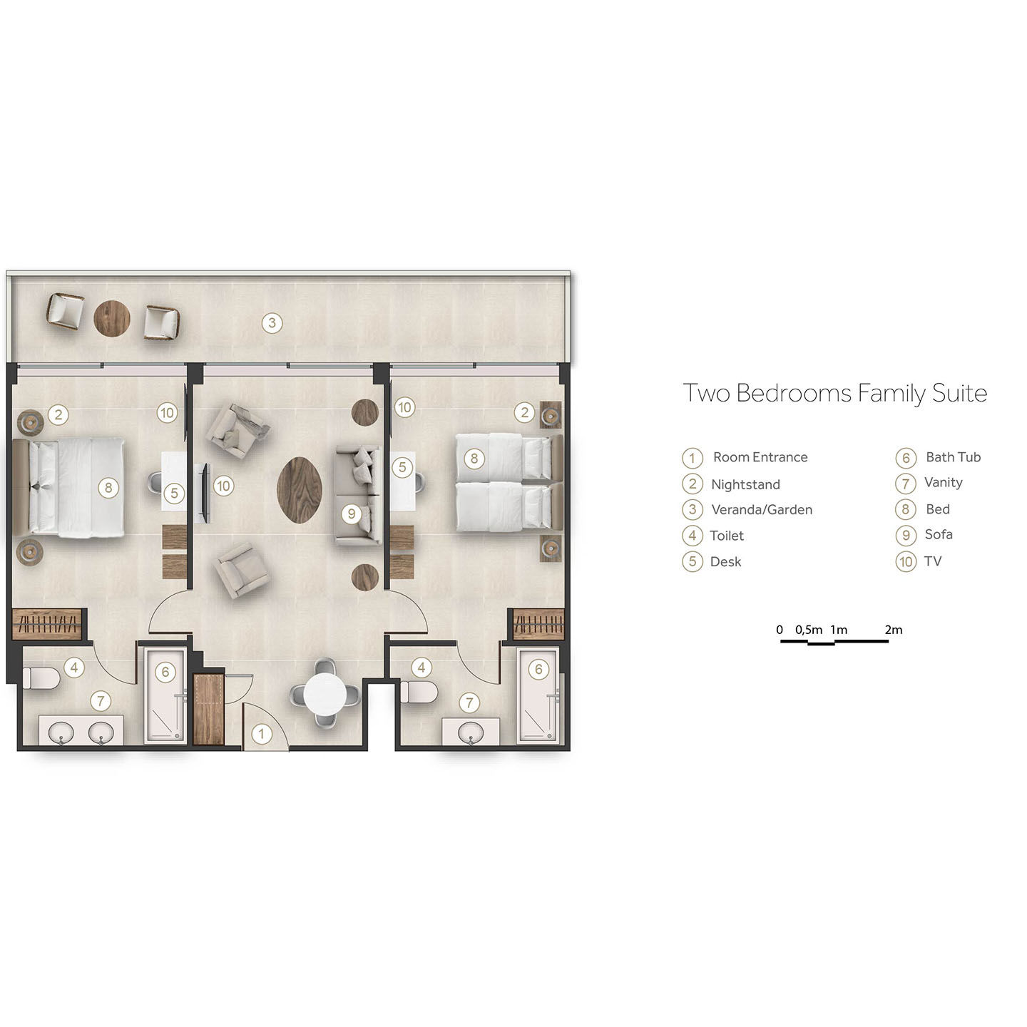 Floor plan for two bedroom family suite at Sani Beach